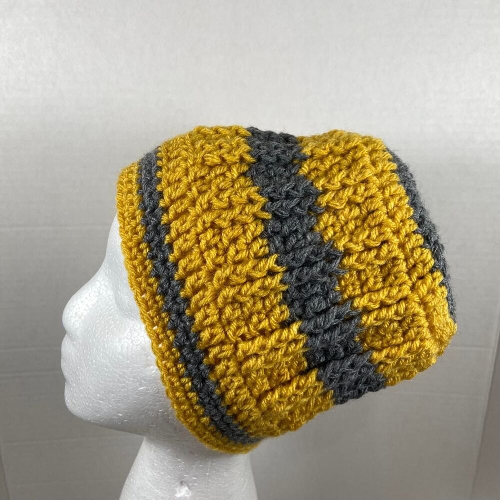 Unbranded Small Yellow Gray Striped Crochet Knit Beanie Hat